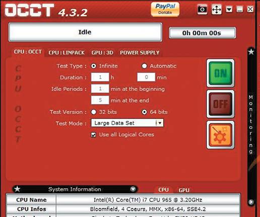 Стресс-тест Утилита OCCT застав- ляет работать CPU и GPU под максималь- ной нагрузкой, чтобы проверить эффектив- ность систем питания и охлаждения